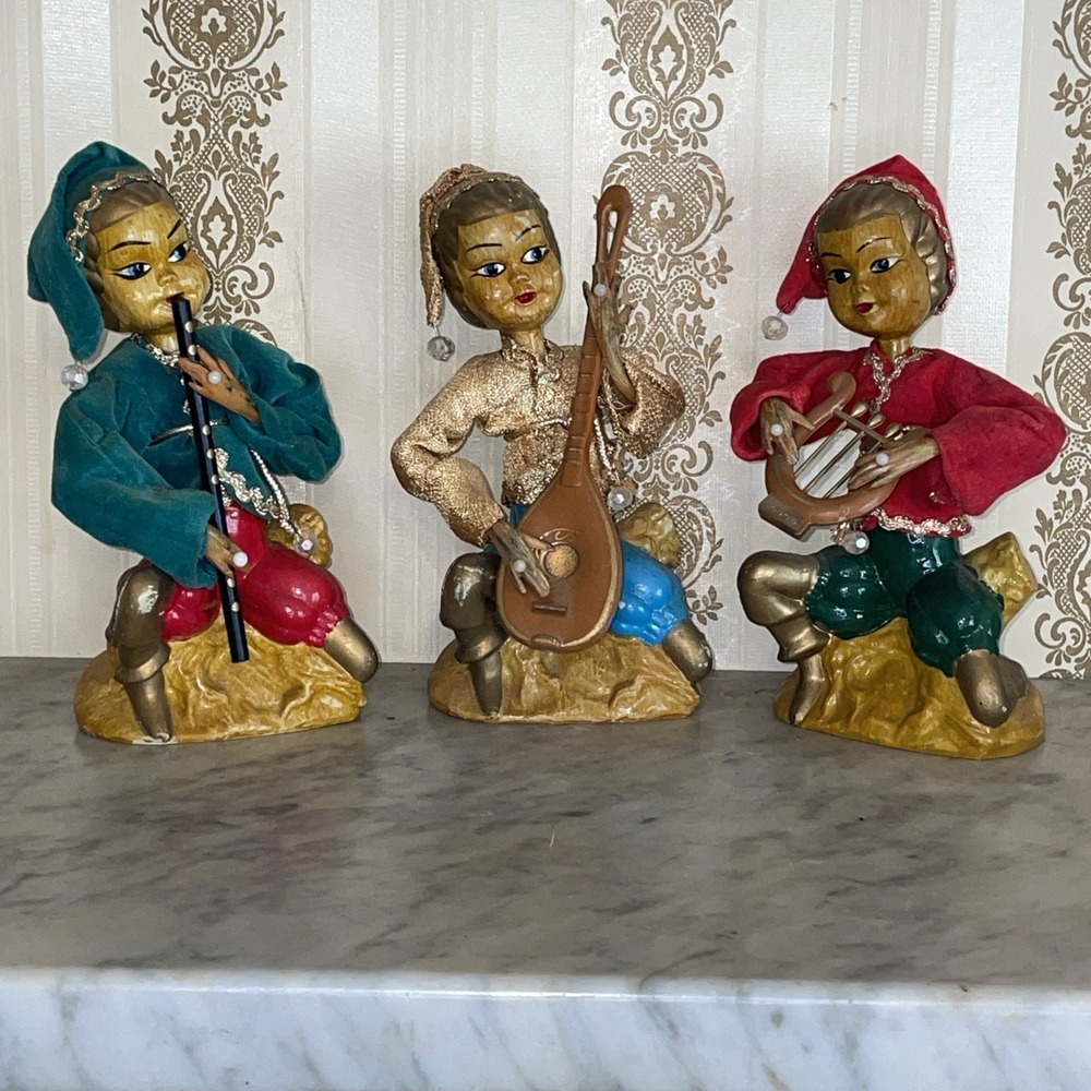 x3 Tilso Hong Kong Musical Christmas Figures Elves Pixie‎ Sprite 7" Tall  1950's